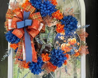 Navy Blue & Orange Pumpkin Fall Wreath: Front Door Decor