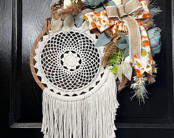 Fall Boho Dreamcatcher Wreath: Macrame, Faux Florals & Eucalyptus