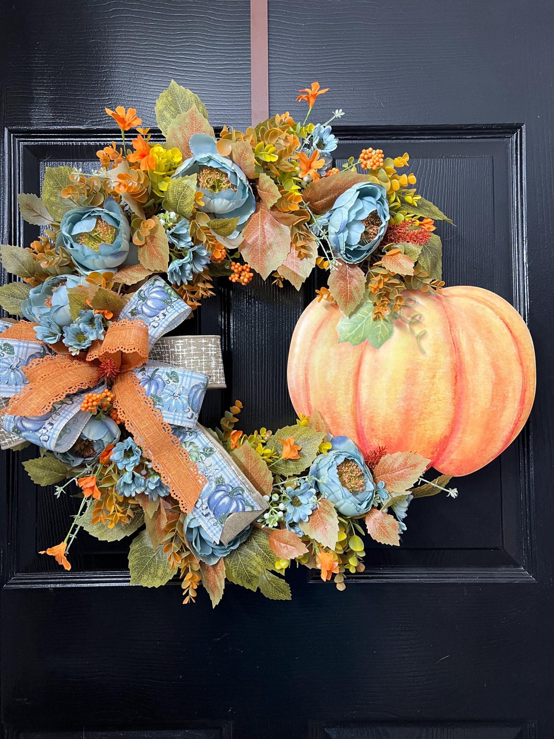 Peony Wreath, Blue & Orange Fall Door Decor, Pumpkin Wreath - Etsy