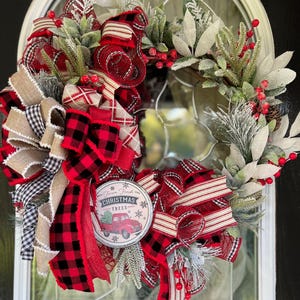 Rustic Christmas Wreath: Farmhouse Red Truck, Buffalo Plaid