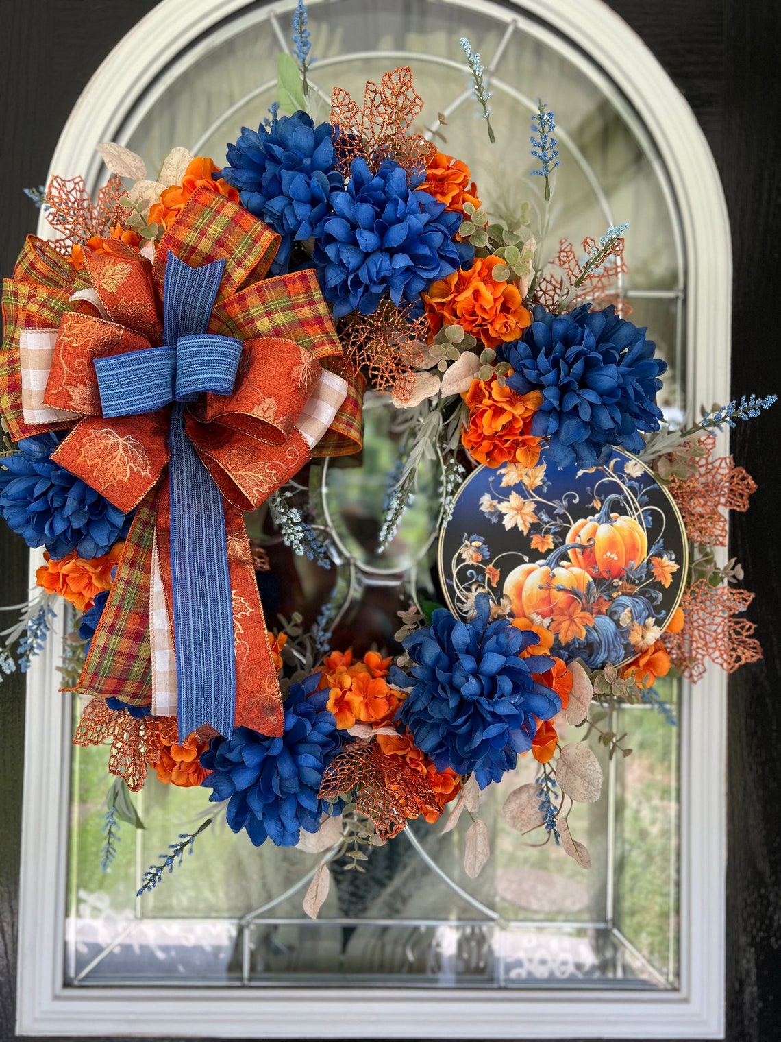 Navy Blue & Orange Pumpkin Fall Wreath: Front Door Decor - Etsy