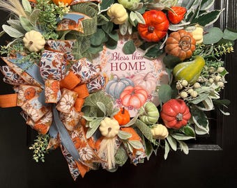 Fall Pumpkin Wreath: Bless This Home Autumn Door Decor