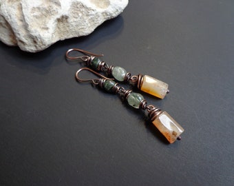 Raw stone earrings, Copper earrings, Boho earrings, Multi gemstone earrings, Rustic earrings, Natural stone earrings, Agate earrings