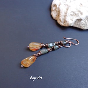 Raw Agate Nugget Earrings: Artisan Copper Dangle Earrings