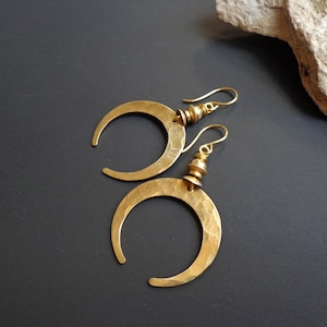 Brass moon earrings, Gold earrings, Hammered brass earrings, Ethnic earrings, Artisan earrings, Boho earrings, Statement earrings