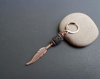 Copper Feather Earring with Lava Stone - Boho Mens Jewelry