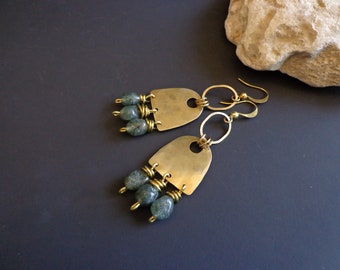 Brass chandelier earrings, Raw rutilated quartz earrings, Boho gold earrings, Artisan earrings, Rustic earrings, Boho earrings, Beaten brass