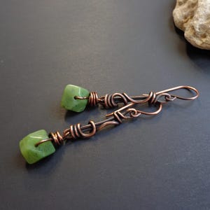 Green Jade Copper Earrings: Artisan Wire Wrapped Dangle Earrings