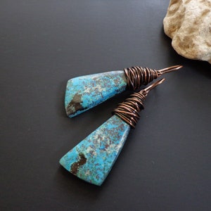 Artisan Copper Wire Wrapped Azurite Earrings: Boho Gemstone Jewelry