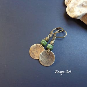 Messing Ohrringe: Grüne Jade, Bronze, Artisan Boho