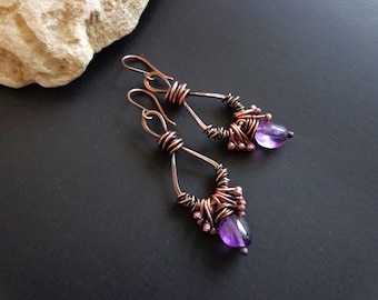 Amethyst nugget earrings, Copper earrings, Wire wrapped earrings, Rustic earrings, Purple stone earrings, Gemstone earrings,Artisan earrings