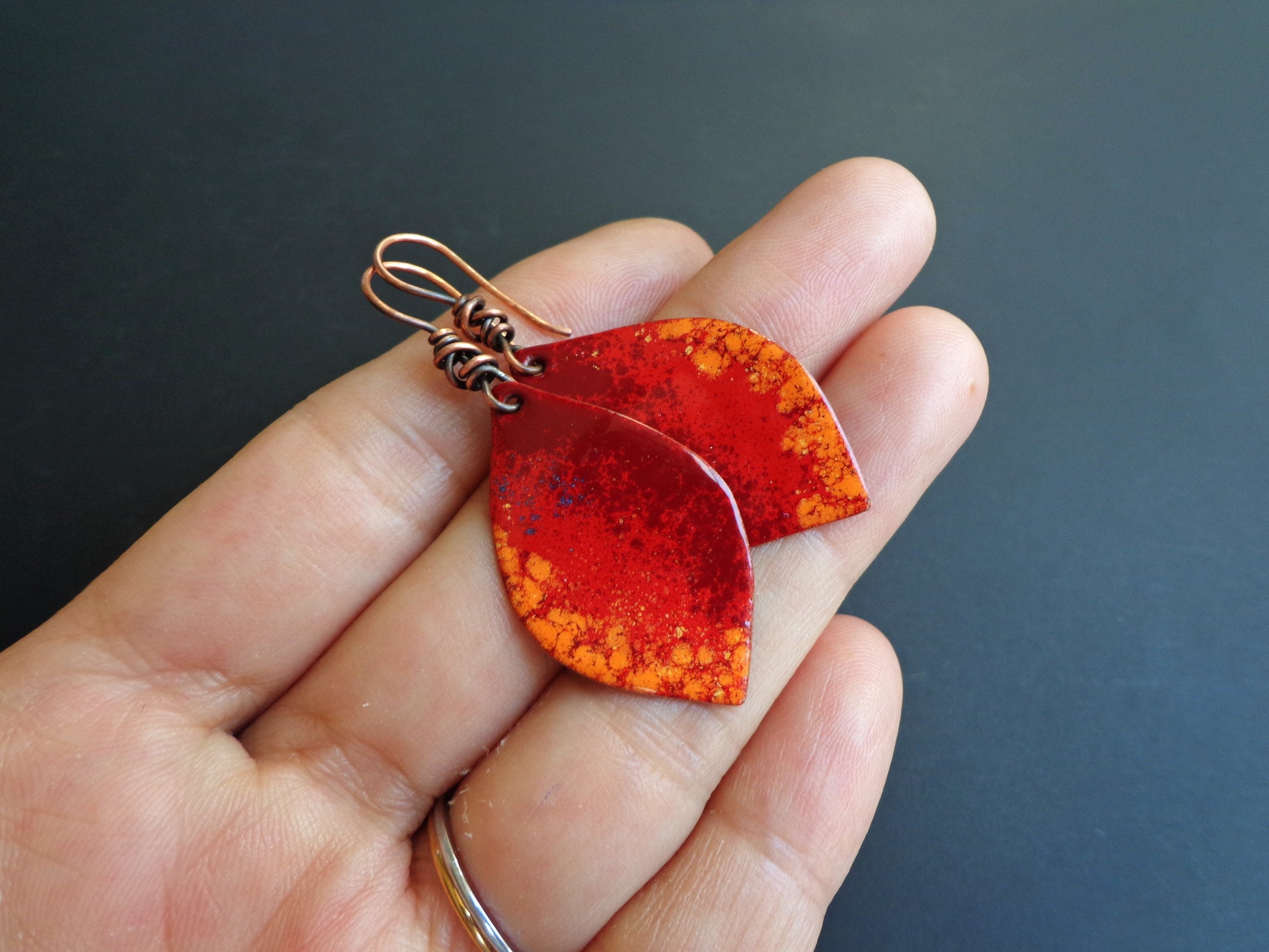 Red Enamel Leaf Earrings: Artisan Copper Jewelry - Etsy
