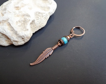 Copper Feather Earring with Turquoise: Boho Dangle Earring for Men