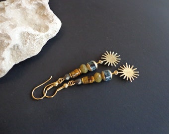 Brass sun earrings, Colorful earrings, Multi gemstone earrings, Hypoallergenic ear wires, Gold earrings, Natural stone earrings, Boho style