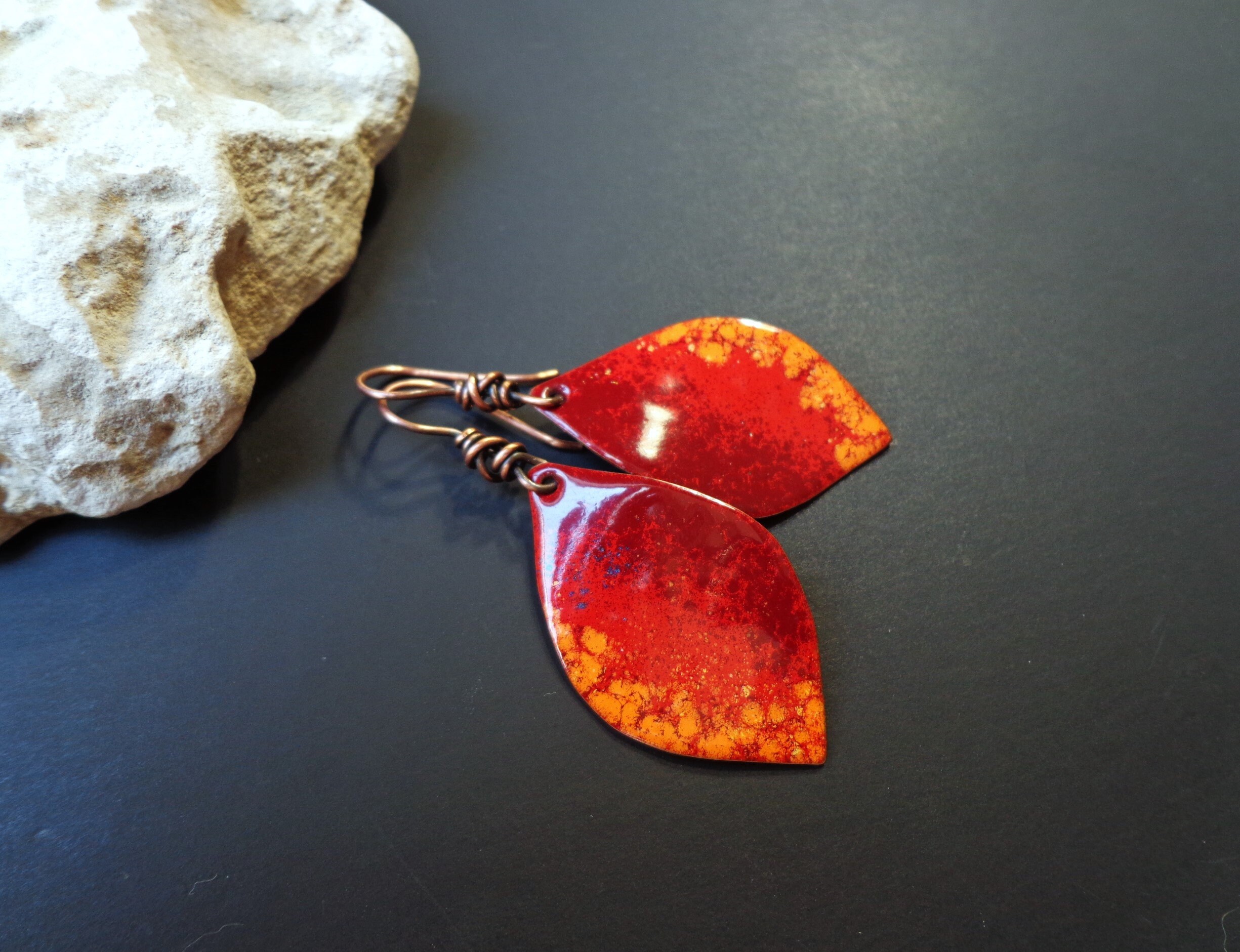 Elegant Red Leaf Earrings Enameled Red Enamel Leaf Earrings: Artisan Copper Jewelry - Etsy main image 4
