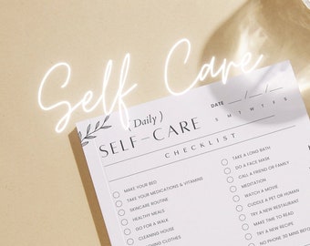 May include: A white self-care checklist with a daily planner. The checklist includes items such as making your bed, taking medications, skincare, healthy meals, going for a walk, cleaning the house, washing clothes, listening to music, having a power nap, and taking a social media break. The planner includes sections for workout, weight, yoga, other, hours of sleep, water balance, and mood.