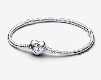 Pulsera con cierre de corazón, pulsera de cadena de serpiente, pulsera con dijes de dos tonos, compatible con dijes de momentos, características de brillo y plata de ley, regalo para ella