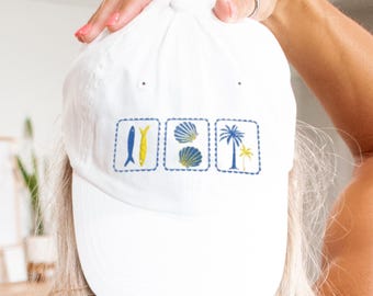Sardines Fisherman Aesthetic Embroidered Cap, Stylish Coastal Nantucket Seashell Hat, Cute Fishermancore Preppy Hat, Trendy Coquette Dad Hat