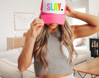 SLAY Trucker Hat, Modern Summer Hat, Trendy Snapback Cap, Beach Bachelorette, Women&#39;s baseball cap, Girls Weekend Gifts, Pool Party Outfits