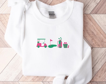刺繍入りゴルフスウェットシャツ、レディースゴルフギフト、レディースゴルフアパレル、ゴルフチームシャツ、カントリークラブスタイル、トレンディなプレッピーゴルフクルーネック