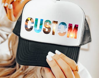 Custom Beach Women&#39;s Trucker Hat, Beach Bachelorette Party Snapback, Personalized Hawaii Hat, Cute Girls Trip Mesh Cap, Girls Weekend Gifts