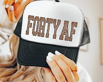 Funny 40th Birthday Party Hat, Cheetah Print Forty AF Women's Trucker Hat, 1986 Birth Year Snapback, Over The Hill Apparel, 40th Bday Gifts