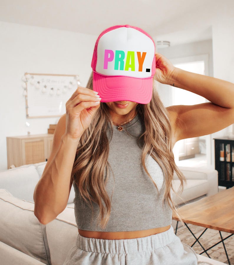 Christian Trucker Hat with bold PRAY lettering—stylish and faith-filled! This Pray Snapback Hat features a breathable mesh back and adjustable fit, perfect for everyday wear. A great Christian gift for women, teens, and confirmation celebrations! 🙏✨