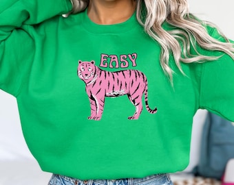 Easy Tiger Sweatshirt for Women | Retro Tiger Graphic Crewneck | Trendy Animal Print Shirt | Cute Tiger Gift | Vintage Boho Wildlife Sweater