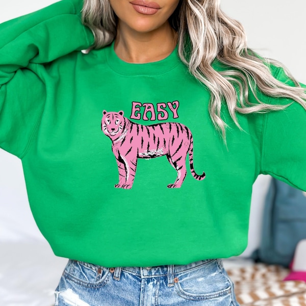 Easy Tiger Sweatshirt for Women | Retro Tiger Graphic Crewneck | Trendy Animal Print Shirt | Cute Tiger Gift | Vintage Boho Wildlife Sweater