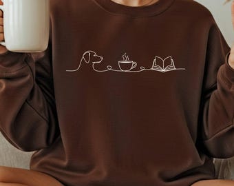 Dogs Coffee Books Line Art Sweatshirt, Book Lover Sweater, Coffee Sweatshirt, Dog Lover Gifts, Reading Shirts, Bookish Gift, Caffeine Addict