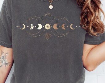 Celestial T-shirt, whimsigoth clothing, gothic clothes, Moon Phase T-shirt, Boho mystical moon and sun tee, Spiritual Moon women&#39;s clothing