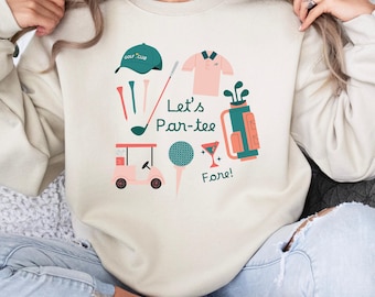 Sudadera de golf Preppy Let's Par-Tee, suéter bonito para amantes del golf, camiseta de golf coqueta para mujer, camiseta de golf retro, regalo de cuello redondo para mujeres golfistas