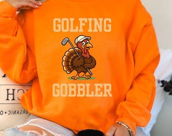 Moletom de golfe para o Dia de Ação de Graças, gola redonda com estampa de peru, presentes de golfe femininos, suéter de golfe Gobbler, roupas femininas de golfe, presente para amantes de golfe