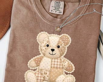 Faux Patchwork Teddy Bear Comfort Colors Shirt | Womens Teddy Bear Graphic Tee | Cutecore Aesthetic | Stuffed Animal Shirt