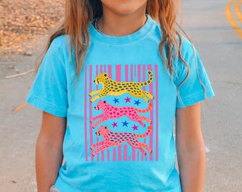 Cheetah-shirt voor jongeren | T-shirt met luipaardprint voor kinderen | Cadeau voor cheetah-liefhebbers (meisjes) | Kleurrijke kinderkleding | Opvallend T-shirt met print
