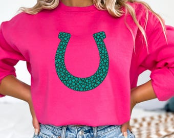 Sudadera vaquera con herradura, moderna sudadera turquesa de cuello redondo estilo vaquera, ropa vaquera para mujer, sudadera moderna estilo country para mujer, regalos para amantes de los caballos