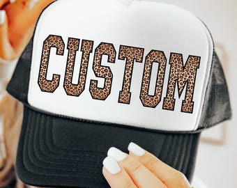 Custom Cheetah Trucker Hat, Personalized Bachelorette Hats, Leopard Print Beach Bachelorette Snapback, Women's Varsity Birthday Trucker Hats