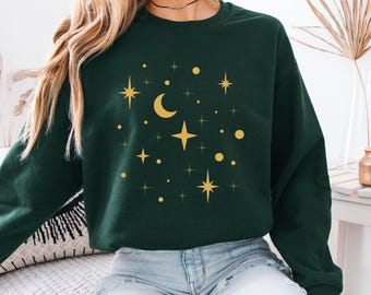 Celestial Star Light Sweatshirt, Twinkling Stars Sweater, Moon and Star Crewneck, Astronomy Lover Gifts, Trendy Space Graphic Sweatshirt