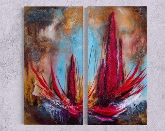 Feurige Blüten | Diptych Original Acryl Gemälde auf Leinwand Abstrakte Wandkunst Wanddekoration