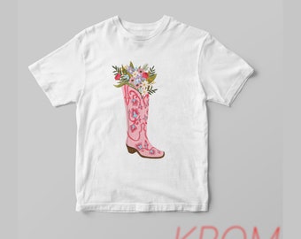 T-shirt esthétique bottes de cowgirl tendance cowgirl tee-shirt y2k style vêtements de printemps, t-shirt rose avec bottes, cadeau pour elle