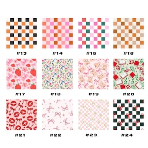 May include: A collection of patterned designs, each with a unique aesthetic. The patterns include checkerboard, floral, teddy bears, strawberries, bows, and lips. Each design is labeled with a number from #13 to #24.