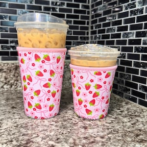Strawberry Bow Iced Coffee Coozie Iced Coffee Cup Coozie Coffee Sleeve Coffee Lover Gift Beverage Sleeve