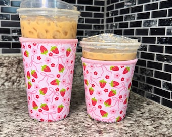 Strawberry Bow Iced Coffee Cup Cozy: Neoprene Coffee Holder