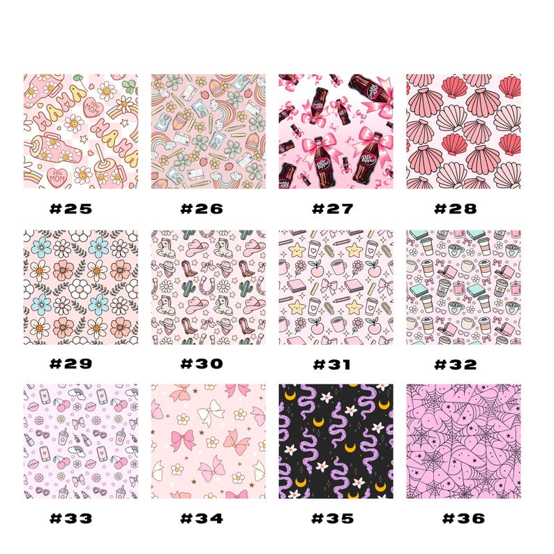 May include: A collection of patterned designs, each with a unique theme. Designs include floral, cowboy, and bow motifs, as well as images of soda bottles and shells. Each pattern is numbered.