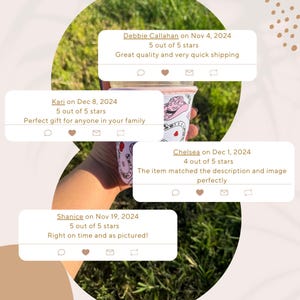 May include: A white and pink insulated coffee cup sleeve with a heart and hat pattern. The cup is held by a person. Customer reviews are displayed in speech bubbles.