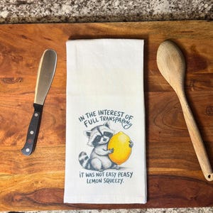 Funny Raccoon Flour Sack Towel, Raccoon Tea Towel, Kitchen Decor, Housewarming Gift, Raccoon Dish Towel, Raccoon Kitchen Towel, Lemon Towel