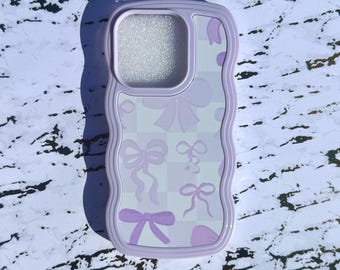 Lavender Checkered iPhone 15 Pro Case: Girly Bow Phone Cover