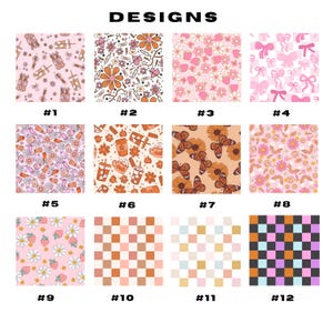 May include: A collection of twelve patterned designs, each with a unique theme. The designs include floral patterns, bows, butterflies, and checkerboard patterns. The word "DESIGNS" is at the top of the image, with numbers below each pattern.