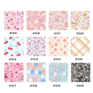May include: A collection of fabric swatches with various patterns. Designs include floral, cherries, bows, smiley faces, and plaid. Each swatch is labeled with a number from #49 to #60.