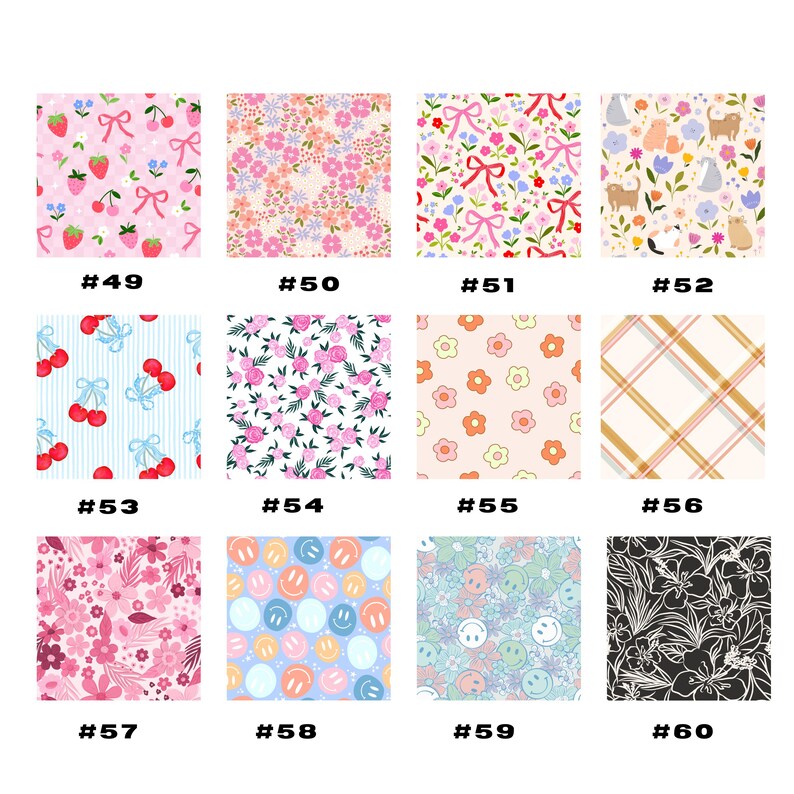 May include: A collection of fabric swatches with various patterns. Designs include floral, cherries, bows, smiley faces, and plaid. Each swatch is labeled with a number from #49 to #60.